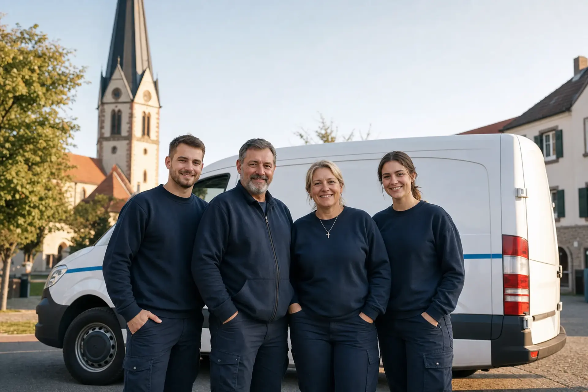 Das Team der RümpelRetter Stuttgart – ein christlicher Familienbetrieb vor der Kirche